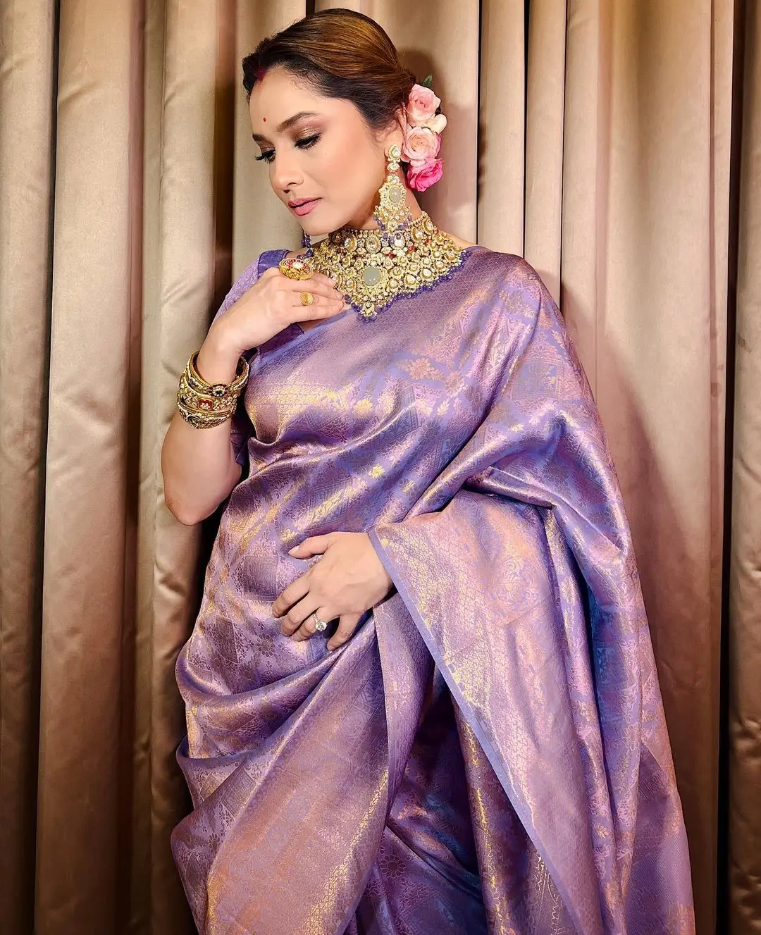 Ankita Lokhande in South Indian Traditional Violet Saree Blouse